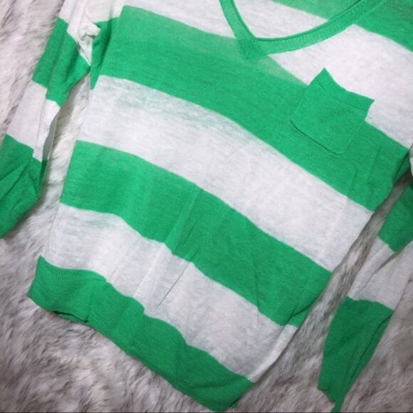 Nordstrom Caslon Linen Blend Green & White Striped Lightweight Vneck Sweater XS - Picture 5 of 8